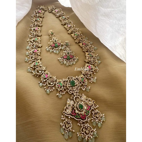 Grand Royal Victorian Flower Peacock Kundan Jadau Peacock Haathi Pendant Long Neckpiece 