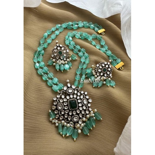 Royal Victorian Flower Pendant Pearl Layer Mala Neckpiece - Pastel Blue