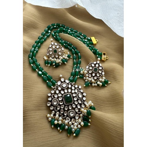Royal Victorian Flower Pendant Double Layer Mala Neckpiece - Green
