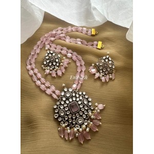 Royal Victorian Flower Pendant Pearl Layer Mala Neckpiece - Pastel Pink