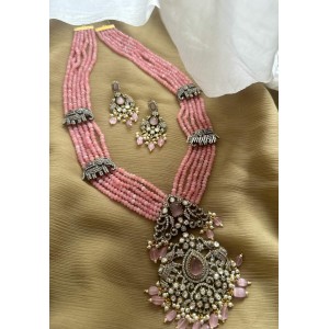 Royal Grand Victorian Flower Double Haathi Pendant Bead Layer Neckpiece - Pastel Pink