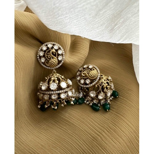 Victorian Antique Peacock Jhumkha - Green Beads Victorian Antique Peacock Jhumkha - Green Beads