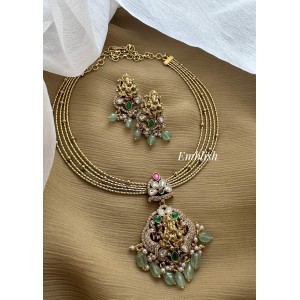Victorian Kundan Jadau Antique Ganesha Pendant Hasli Set - Pastel Beads