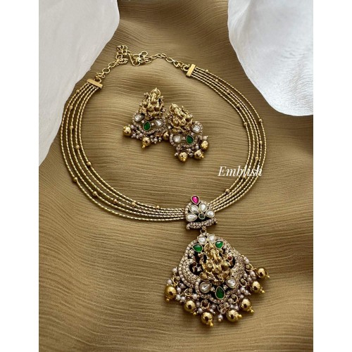  Victorian Kundan Jadau Antique Ganesha Pendant Hasli Set - Gold Beads