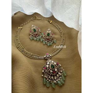 Victorian Kundan Jadau Flower Pendant Pastel Bead Hasli Set