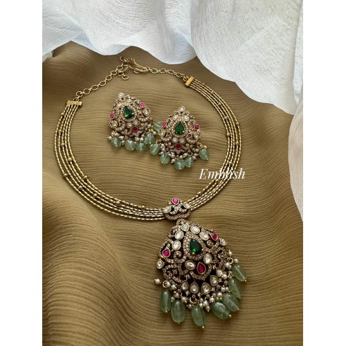 Victorian Kundan Jadau Flower Pendant Pastel Bead Hasli Set