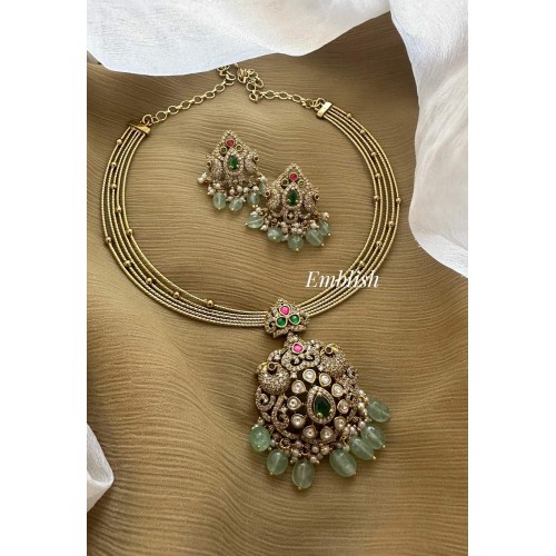 Victorian Kundan Jadau Flower Double Peacock Pendant Pastel Bead Hasli Set
