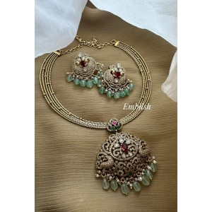 Victorian Kundan Jadau Peacock Flower Pendant Antique Hasli set - Pastel Beads