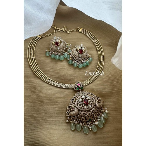 Victorian Kundan Jadau Peacock Flower Pendant Antique Hasli set - Pastel Beads