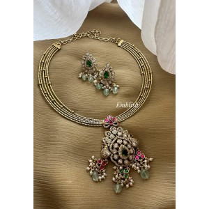 Victorian Kundan Jadau Flower Peacock Pendant Hasli Set - Pastel  Beads