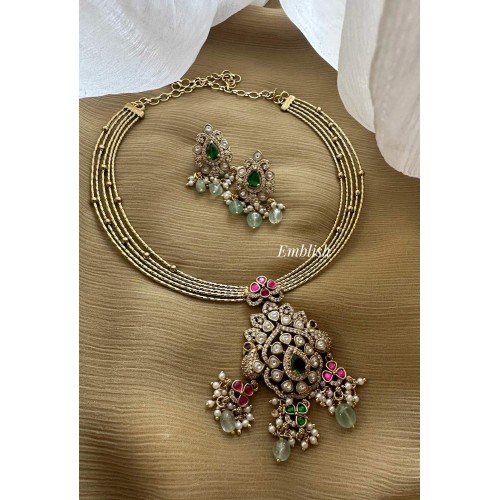 Victorian Kundan Jadau Flower Peacock Pendant Hasli Set - Pastel  Beads