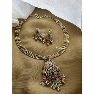 Victorian Kundan Jadau Flower Peacock Pendant Hasli Set - Gold Beads