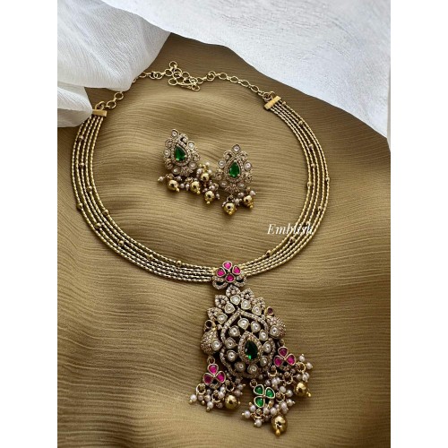 Victorian Kundan Jadau Flower Peacock Pendant Hasli Set - Gold Beads