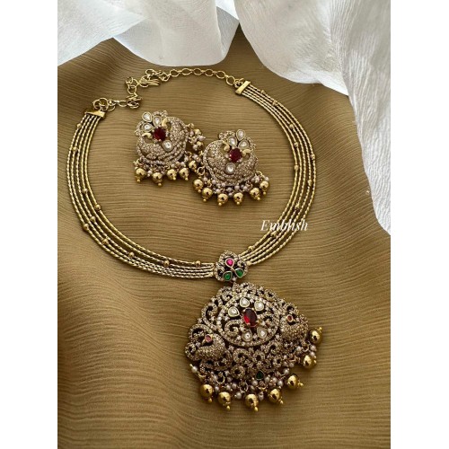 Victorian Kundan Jadau Peacock Flower Pendant Antique Hasli set - Gold Beads