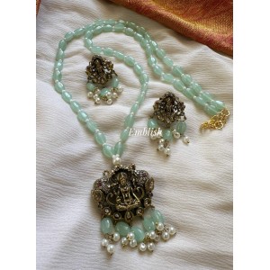 Victorian Dull Oxidised Antique Lakshmi Pendant Pearl Mala Layer Long Neckpiece - Mint Blue