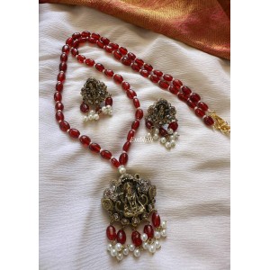 Victorian Dull Oxidised Antique Lakshmi Pendant Pearl Mala Layer Long Neckpiece - Red