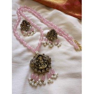 Victorian Dull Oxidised Antique Lakshmi Pendant Pearl Mala Layer Long Neckpiece - Pastel Pink