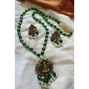 Victorian Dull Oxidised Antique Lakshmi Pendant Pearl Mala Layer Long Neckpiece - Green