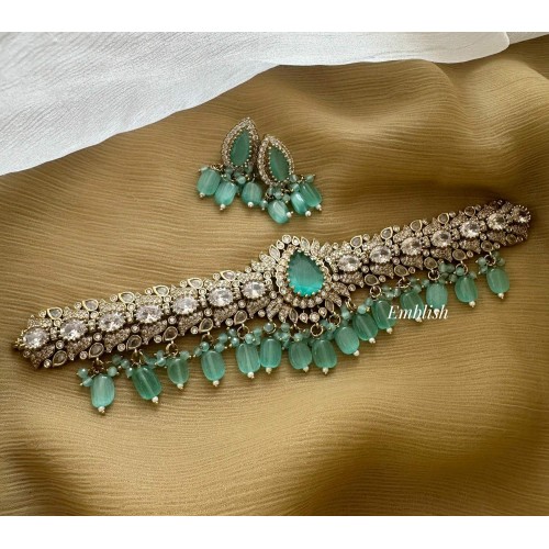 Antique Victorian Stones Flower Pendant Lotus High Neck Choker - Pastel Blue