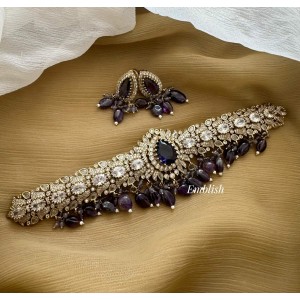 Antique Victorian Stones Flower Pendant Lotus High Neck Choker - Purple