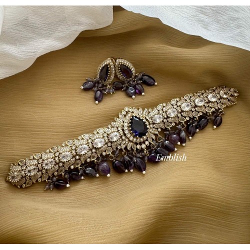 Antique Victorian Stones Flower Pendant Lotus High Neck Choker - Purple