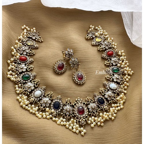 Antique Navarathna Flower Oval Guttapusalu like Neckpiece