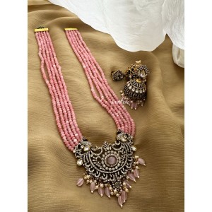 Victorian Flower Double Peacock Crystal Pearl Long Neckpiece - Pastel Pink