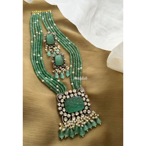 Royal Victorian Square Pendant Crystal Pearl Long Neckpiece - Pastel Green