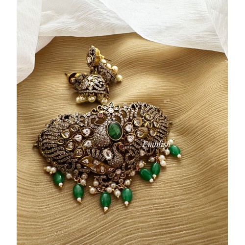 Victorian Dancing Peacock High neck Choker - Green