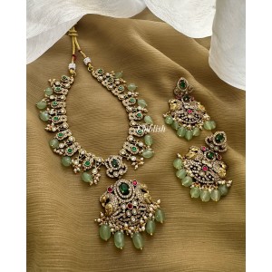 Victorian Kundan jadau Flower with Double Peacock Pastel Bead Neckpiece - Green