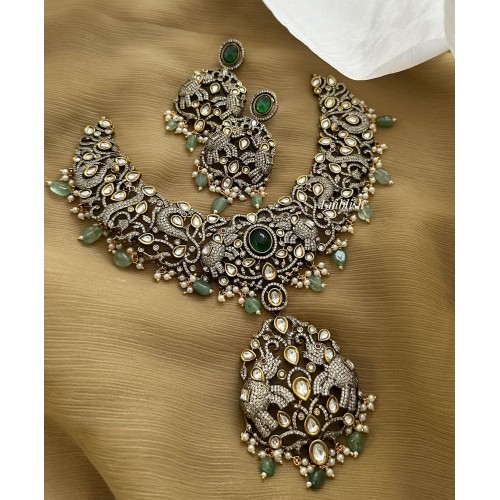 Royal Victorian Double Haathi Peacock Intricate Neckpiece - Green