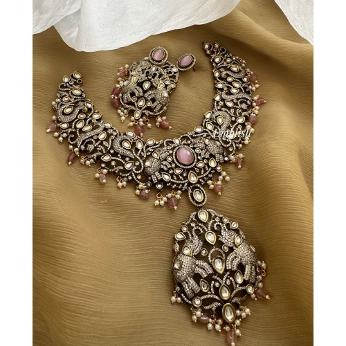 Royal Victorian Double Haathi Peacock Intricate Neckpiece - Pastel Pink