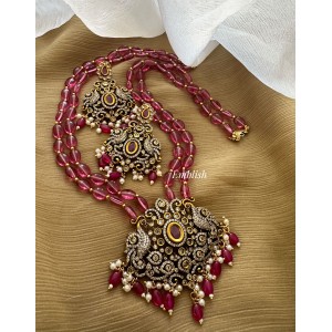 Victorian Flower Double Peacock Pendant Pearl Neckpiece - Pink