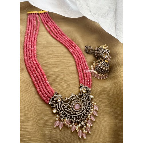 Victorian Flower Double Peacock Crystal Pearl Long Neckpiece - Pink