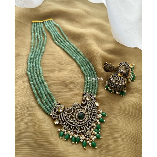 Victorian Royal Flower with Double Peacock Pendant Pearl Neckpiece = Green