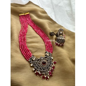 Victorian Flower Double Peacock Crystal Pearl Long Neckpiece - Red