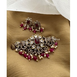 Victorian Flower with double Haathi High Neck Choker - Red