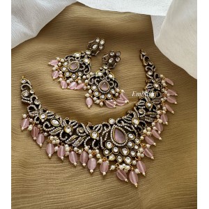 Victorian Dancing Peacock Short Neckpiece - Pastel Pink