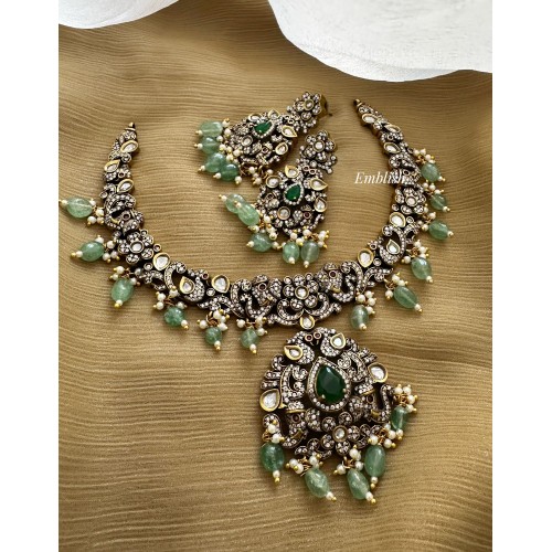 Victorian Double Peacock Haathi Flower Neckpiece - Green