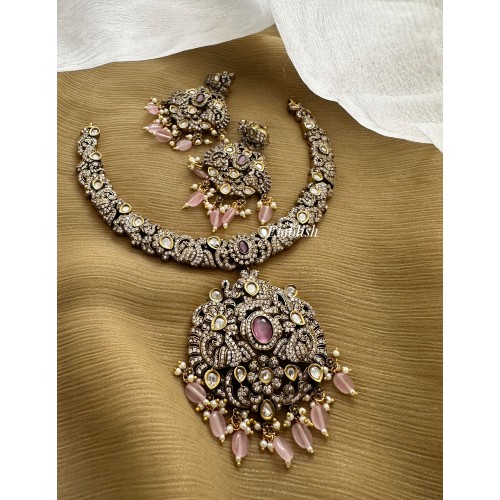 Victorian Haathi Double Peacock Neckpiece - Pastel Pink