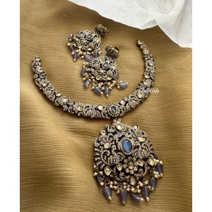 Victorian Haathi Double Peacock Neckpiece - Blue