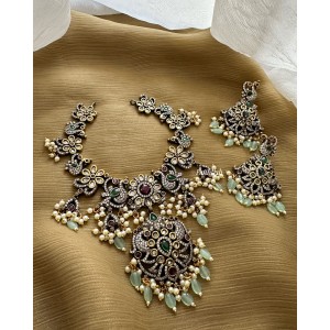 Victorian Flower with Peacock Pastel Bead Neckpiece - Green