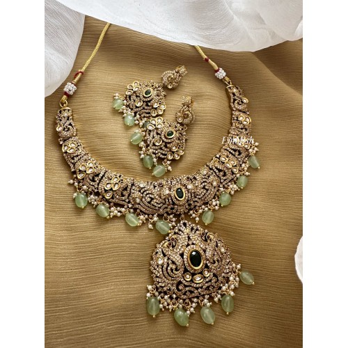 Victorian Dancing Peacock Pastel Bead Neckpiece - Green