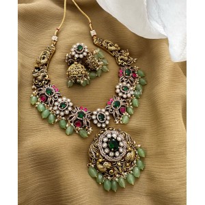 Royal Victorian Flower with Double Peacock Pastel Bead Neckpiece - Green