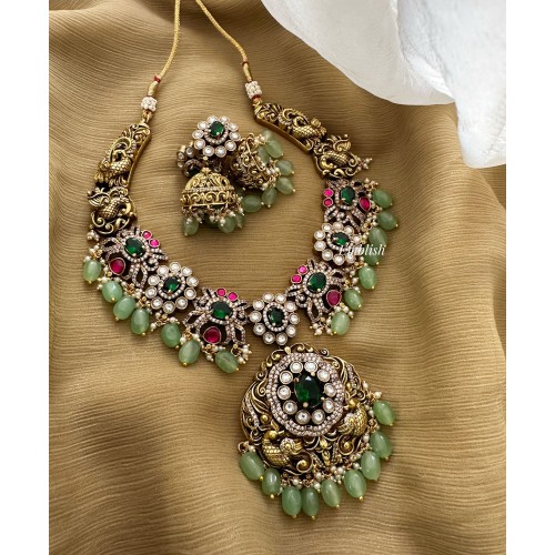 Royal Victorian Flower with Double Peacock Pastel Bead Neckpiece - Green