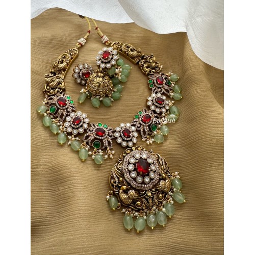 Royal Victorian Flower with Double Peacock Pastel Bead Neckpiece - Red