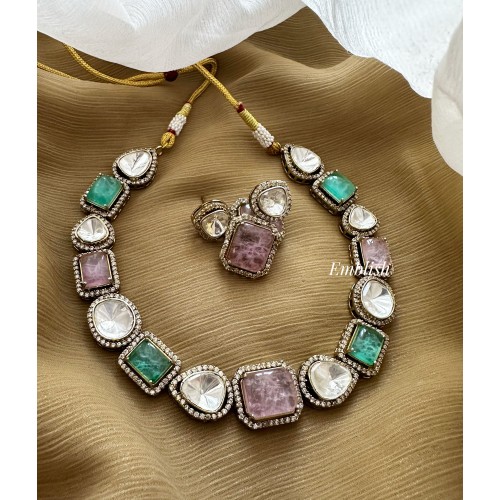 Victorian Mossanite Stones Short Neckpiece - Pink with sky blue