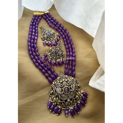 Royal Victorian  Flower with Double parrot Pearl Mala Neckpiece  - Purple