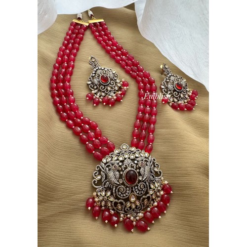 Royal Victorian Flower with Double parrot Pearl Mala Neckpiece - Red
