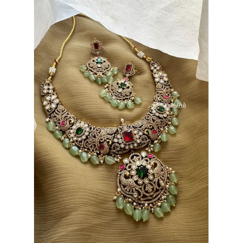 Victorian Kundan Jadau Flower with Double Peacock Pastel Bead Neckpiece - Short